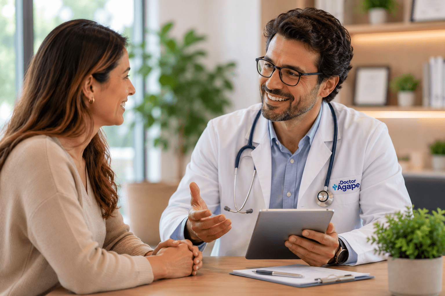 Médico da DoctorÁgape conversando com uma paciente e explicando o resultado no tablet, no consultório da clínica em Joinville